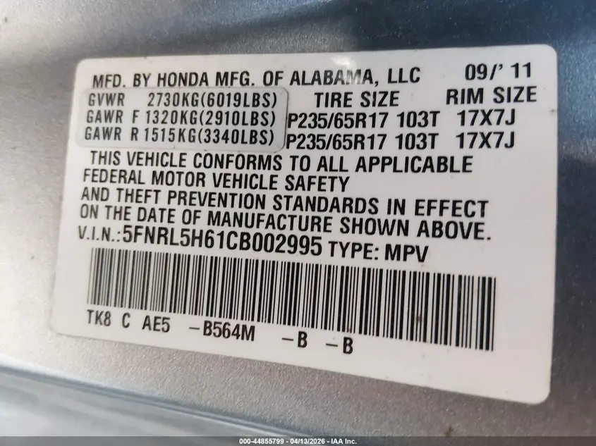 2012 HONDA ODYSSEY EX-L