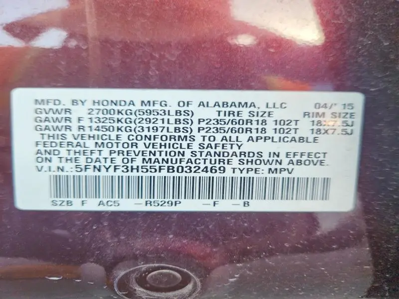 2015 HONDA PILOT EXL  