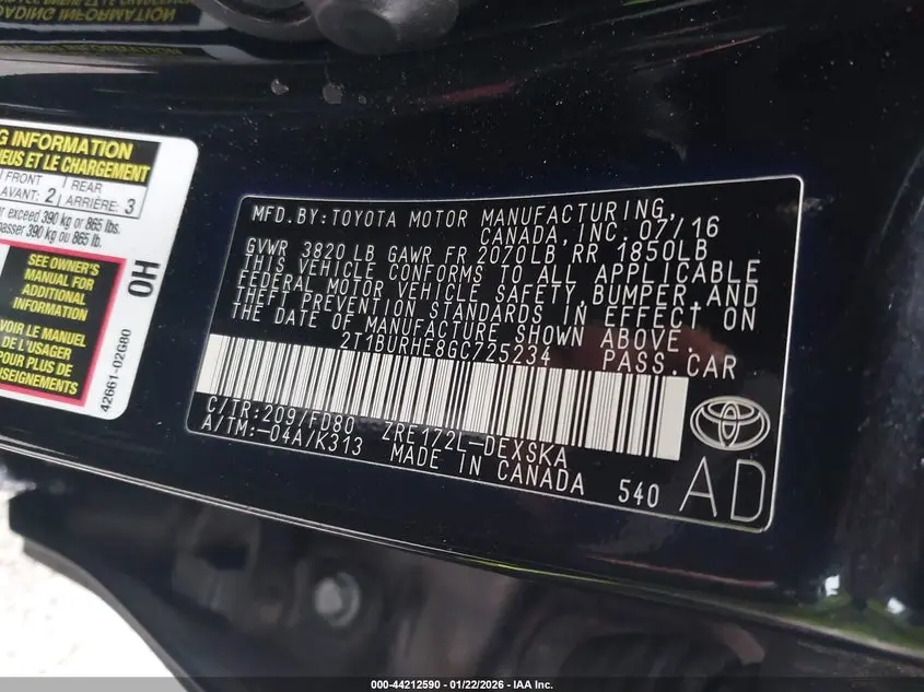 2016 TOYOTA COROLLA S PLUS