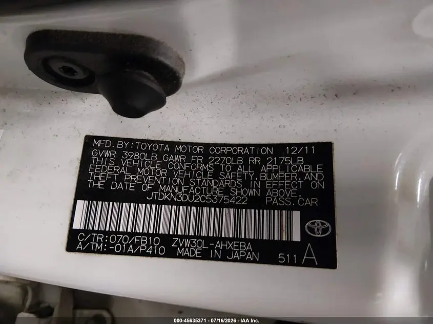 2012 TOYOTA PRIUS TWO