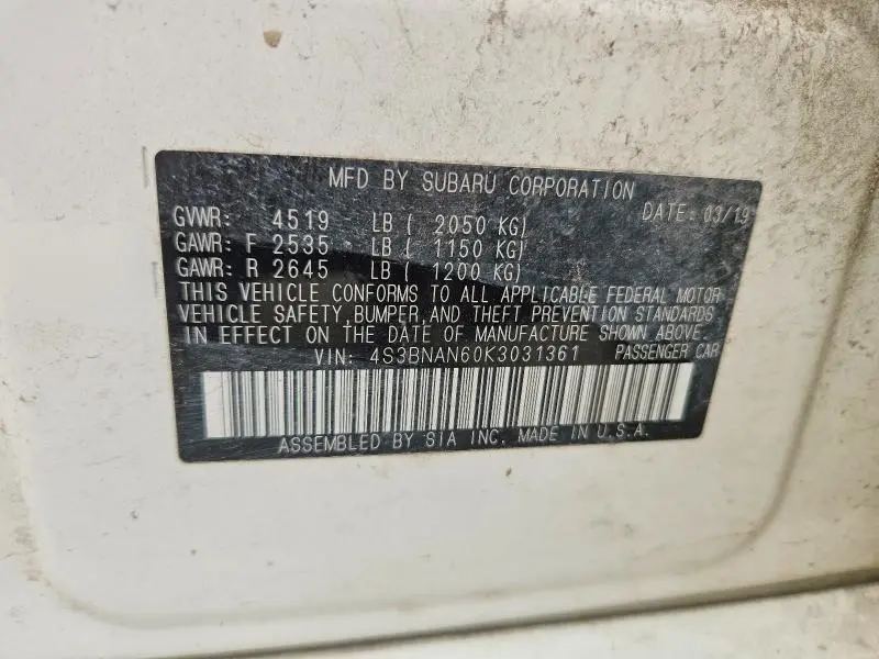 2019 SUBARU LEGACY 2.5I LIMITED  