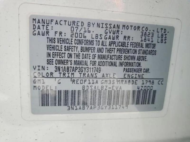 2016 NISSAN SENTRA S  