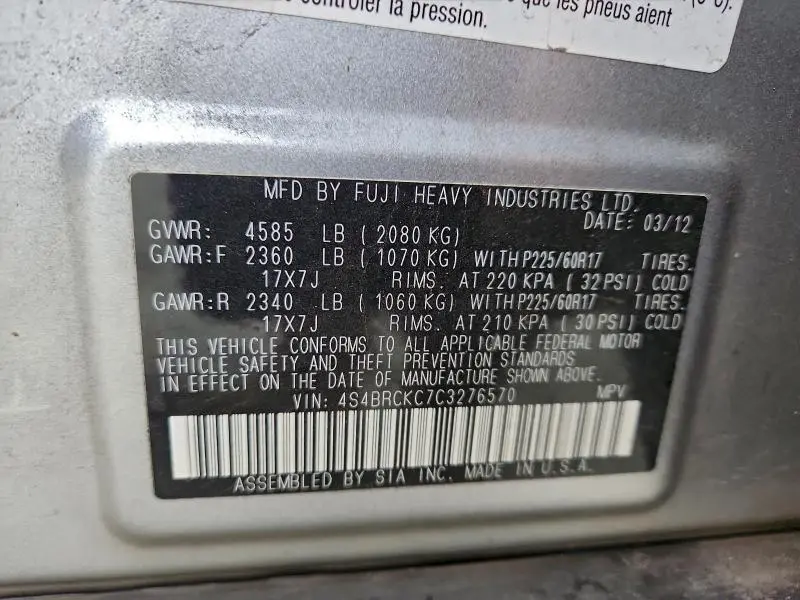 2012 SUBARU OUTBACK 2.5I LIMITED  