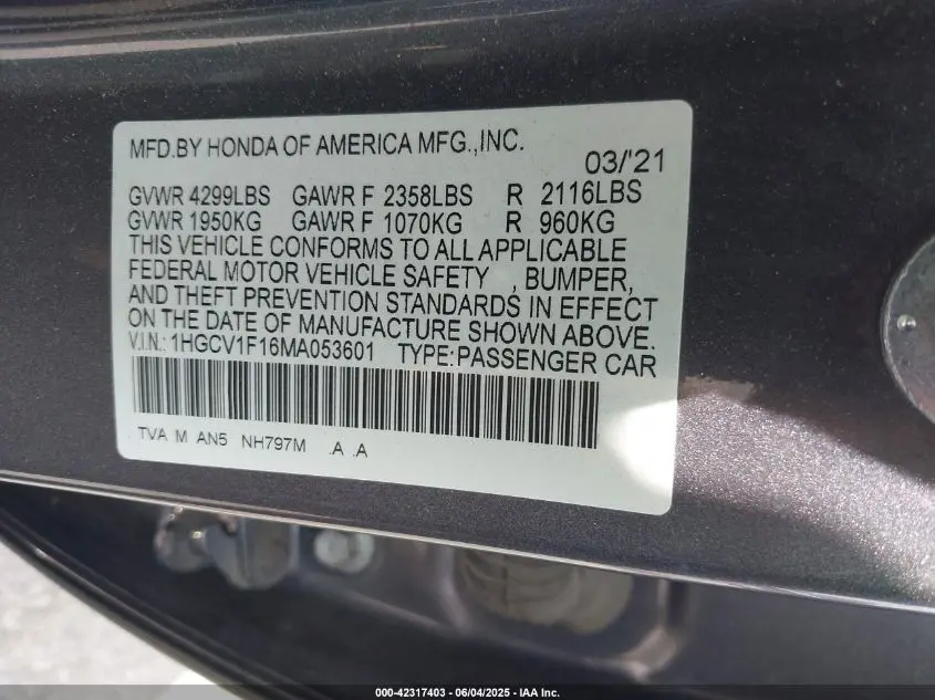 2021 HONDA ACCORD LX