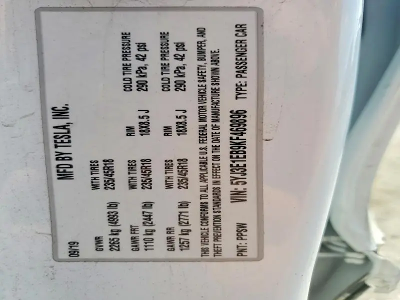 2019 TESLA MODEL 3   