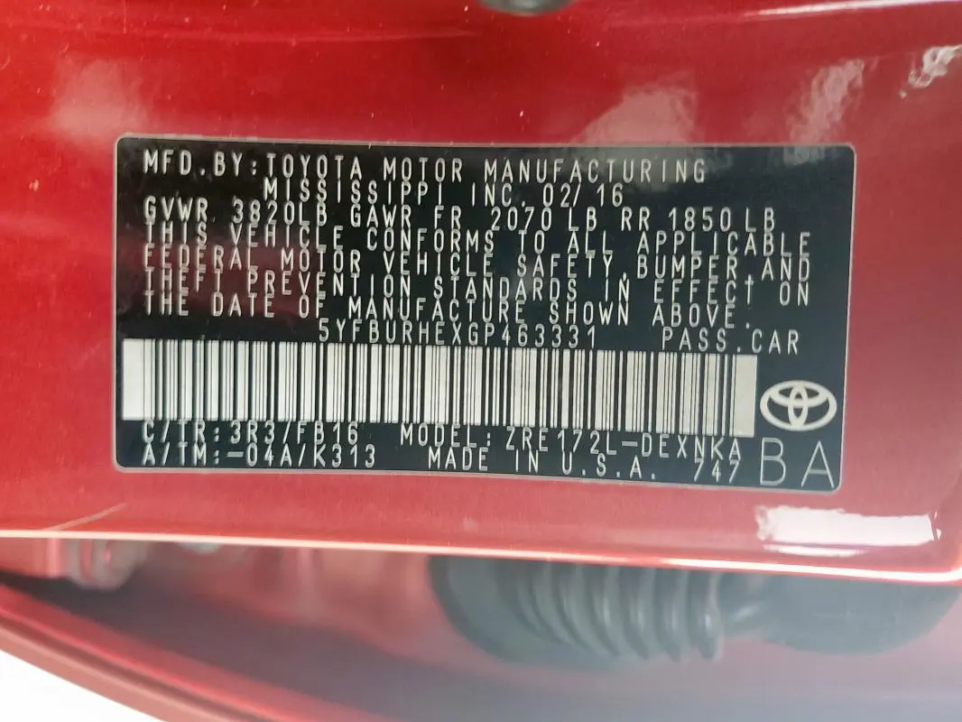 2016 TOYOTA COROLLA L  
