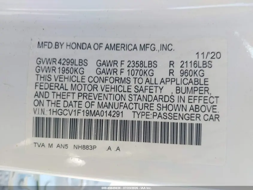 2021 HONDA ACCORD LX
