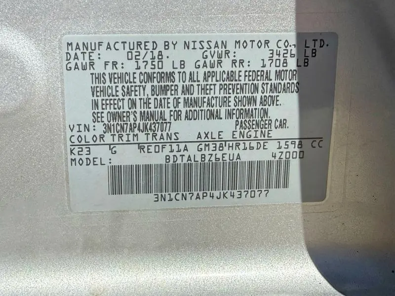 2018 NISSAN VERSA SV  