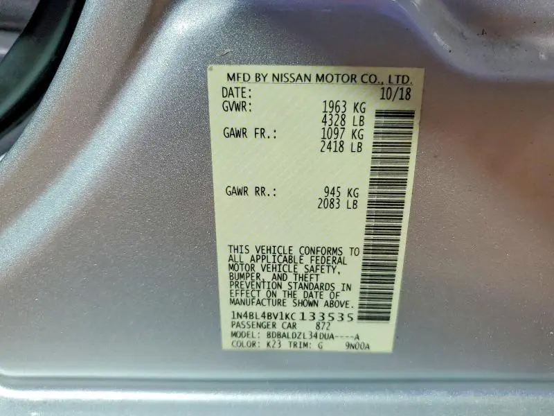 2019 NISSAN ALTIMA S  