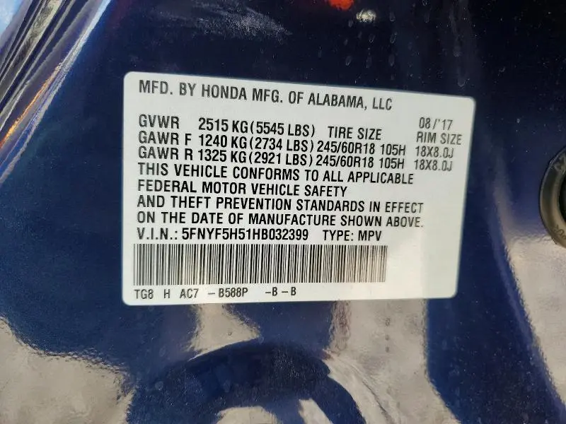 2017 HONDA PILOT EXL  