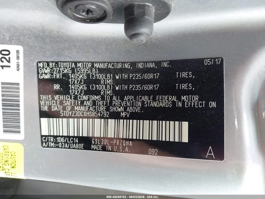 2017 TOYOTA SIENNA XLE PREMIUM 8 PASSENGER
