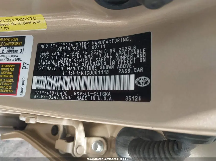 2012 TOYOTA CAMRY XLE V6