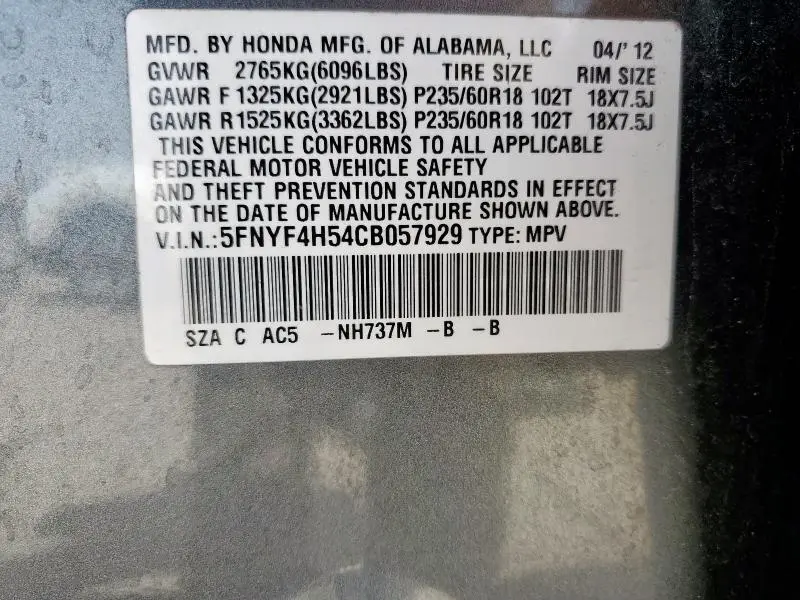 2012 HONDA PILOT EXL  