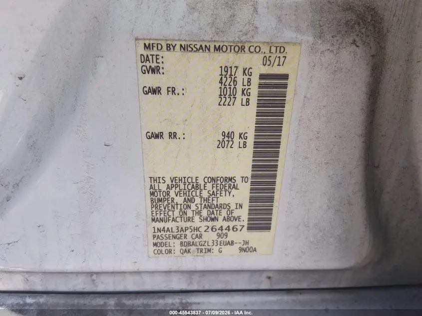 2017 NISSAN ALTIMA 2.5 S