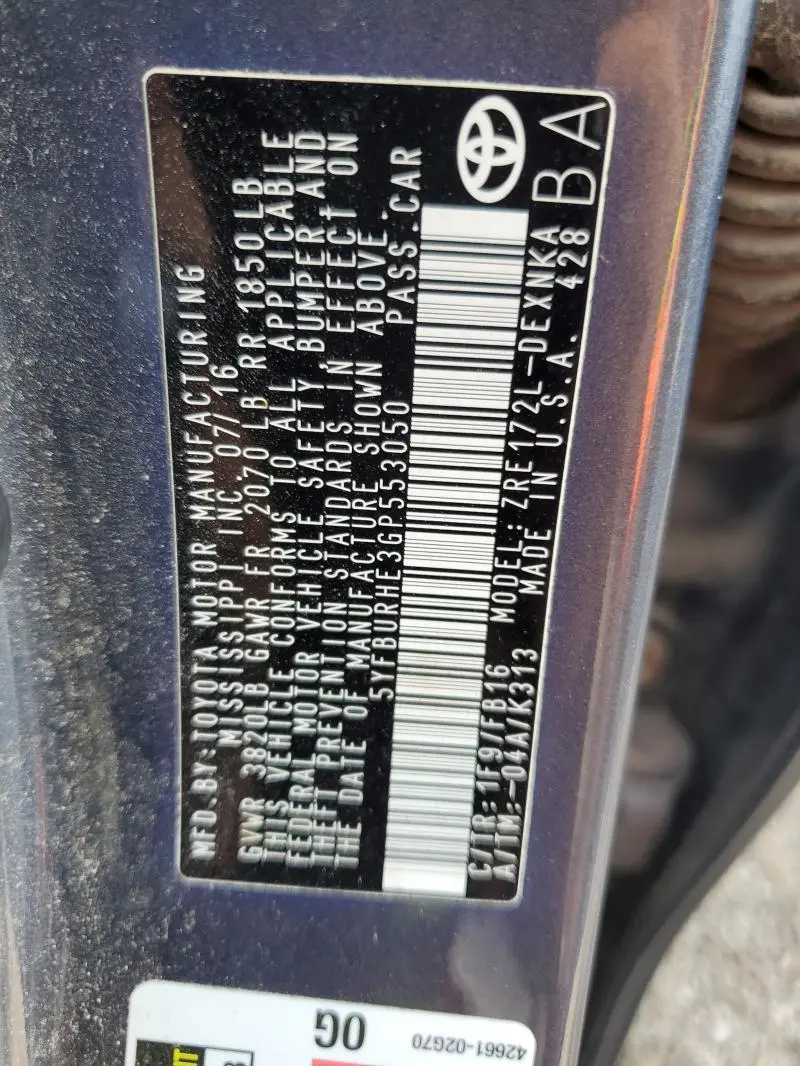 2016 TOYOTA COROLLA L  