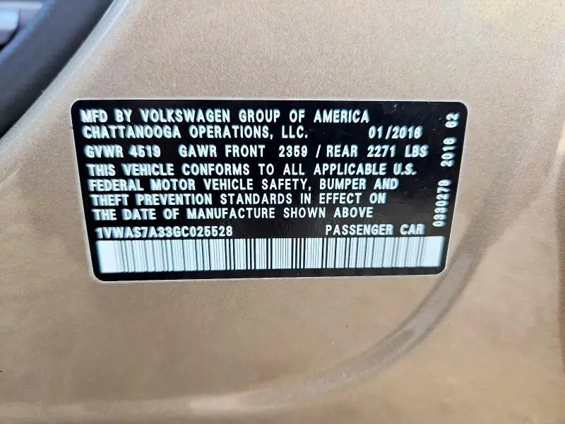 2016 VOLKSWAGEN PASSAT S  