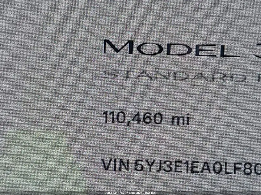 2020 TESLA MODEL 3 STANDARD RANGE PLUS REAR-WHEEL DRIVE/STANDARD RANGE REAR-WHEEL DRIVE
