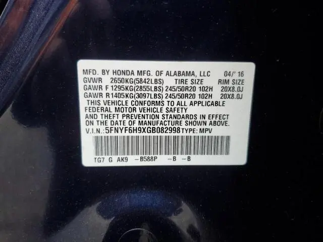 2016 HONDA PILOT TOURING  