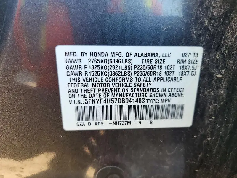 2013 HONDA PILOT EXL  