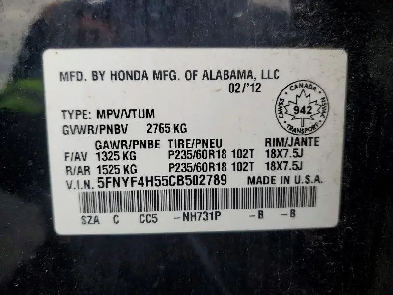 2012 HONDA PILOT EXL  