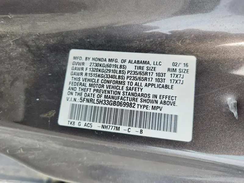 2016 HONDA ODYSSEY SE  