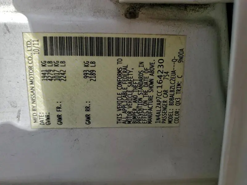 2012 NISSAN ALTIMA BASE  