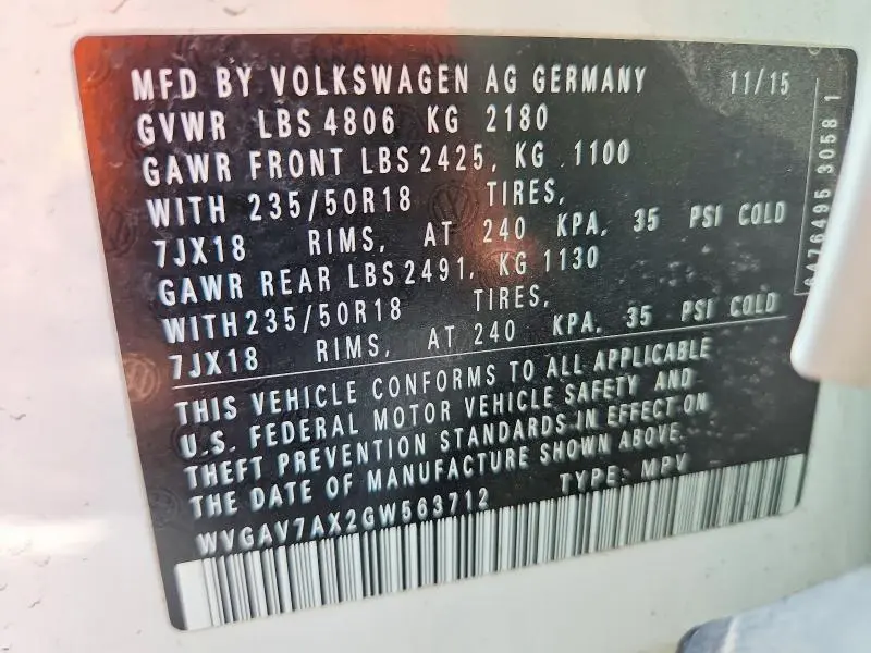 2016 VOLKSWAGEN TIGUAN S  