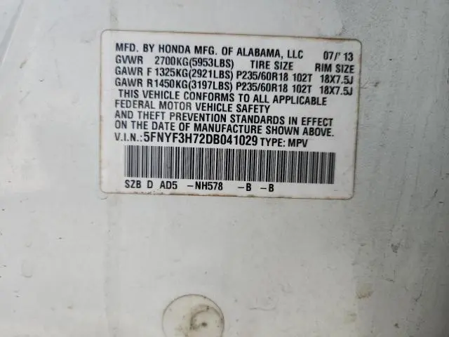 2013 HONDA PILOT EXLN  