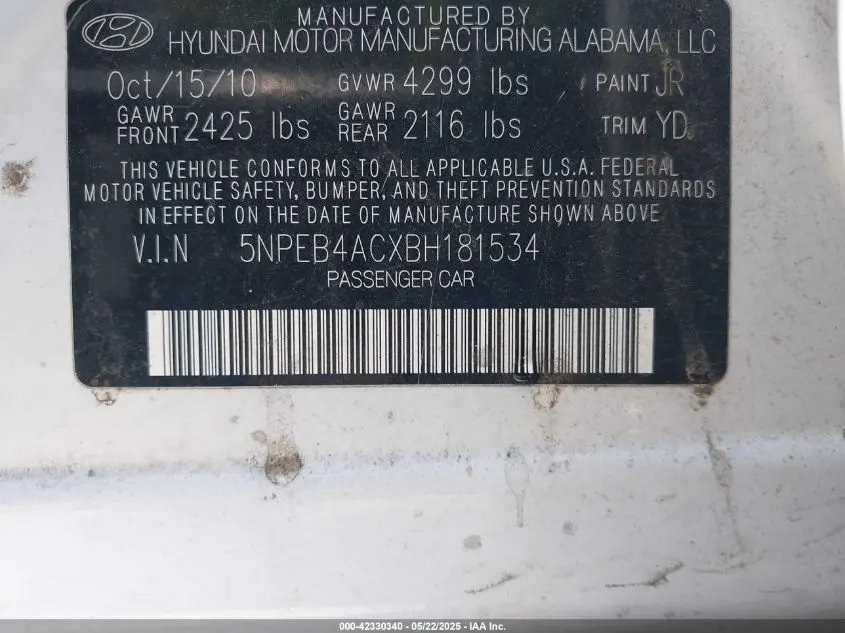 2011 HYUNDAI SONATA GLS
