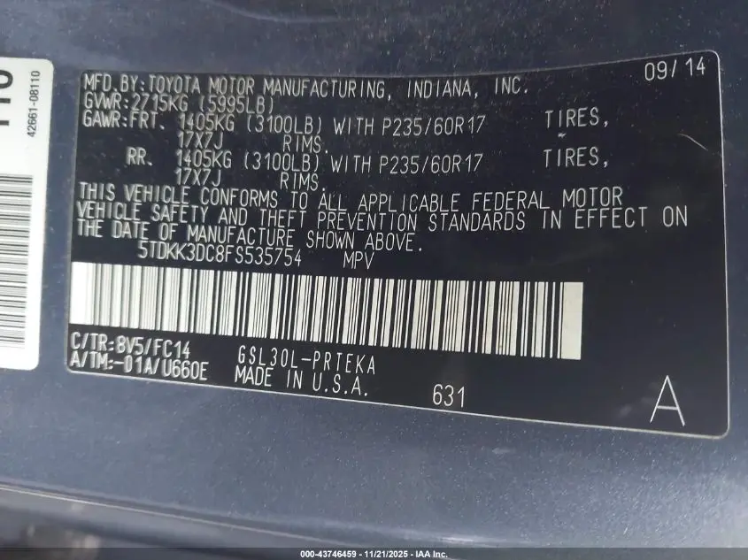 2015 TOYOTA SIENNA LE 8 PASSENGER