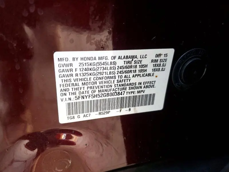 2016 HONDA PILOT EXL  