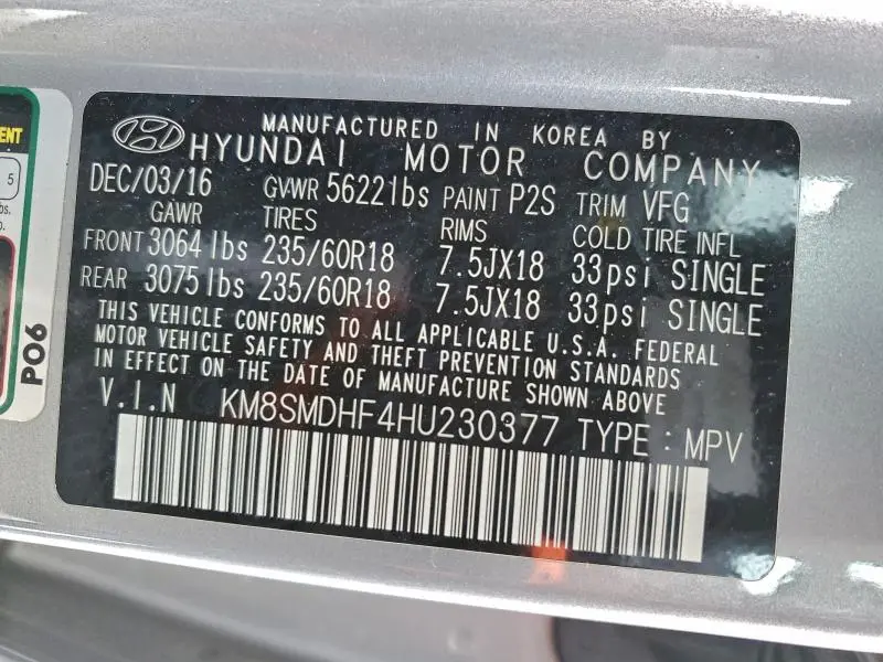 2017 HYUNDAI SANTA FE SE  