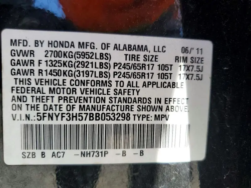 2011 HONDA PILOT EXL  