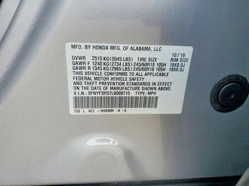 2020 HONDA PILOT EXL  