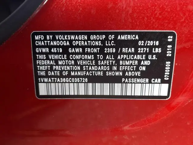 2016 VOLKSWAGEN PASSAT S  