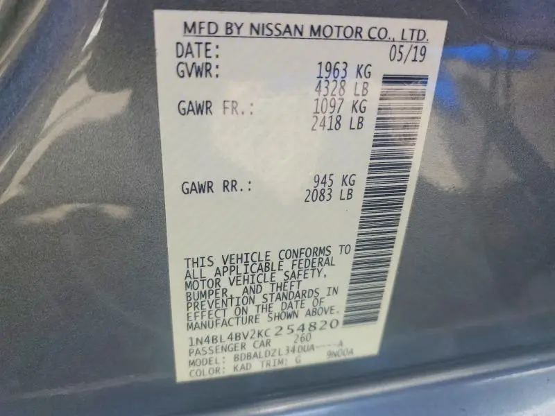 2019 NISSAN ALTIMA S  