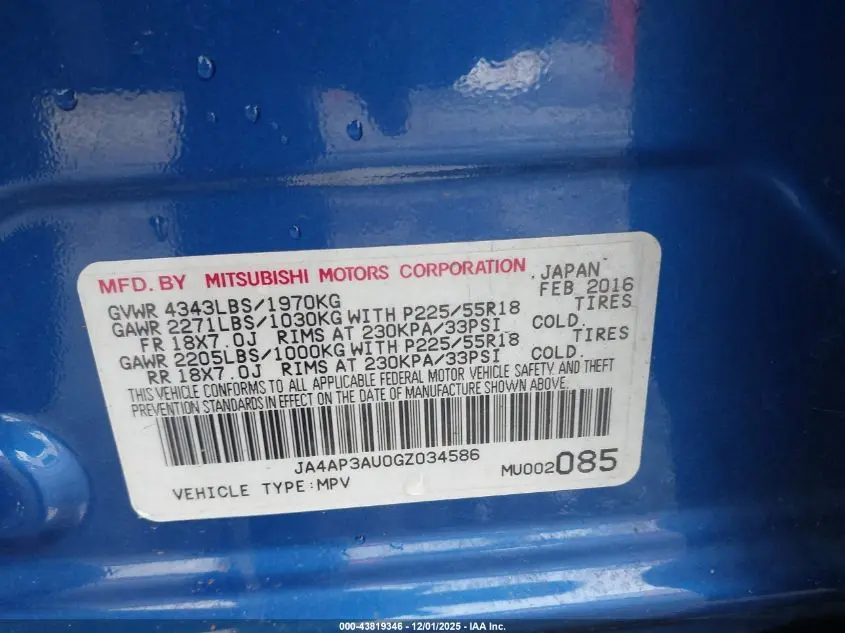 2016 MITSUBISHI OUTLANDER SPORT 2.0 ES