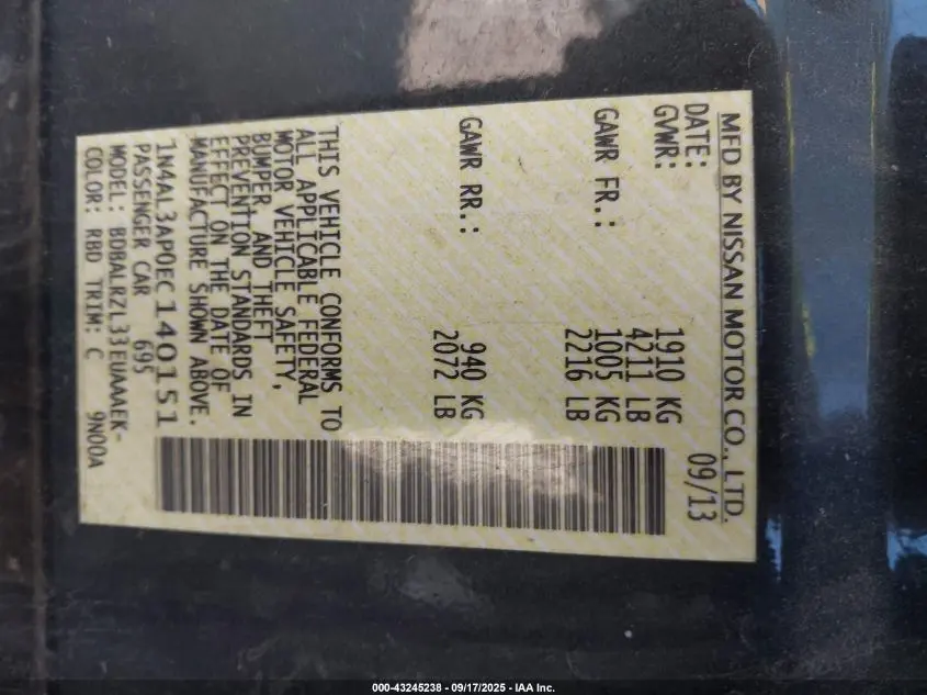 2014 NISSAN ALTIMA 2.5 S