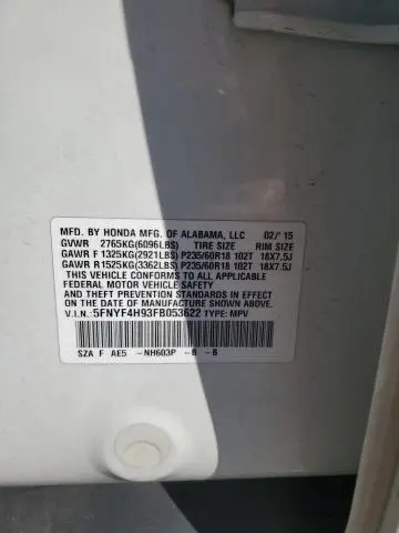 2015 HONDA PILOT TOURING  