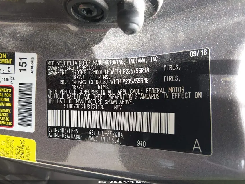 2017 TOYOTA SIENNA LIMITED 7 PASSENGER