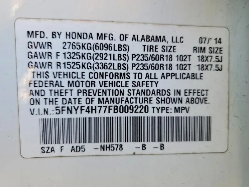 2015 HONDA PILOT EXLN  