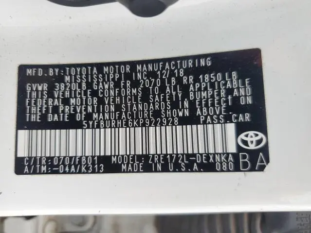 2019 TOYOTA COROLLA L  