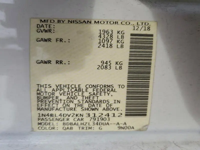 2019 NISSAN ALTIMA SV  