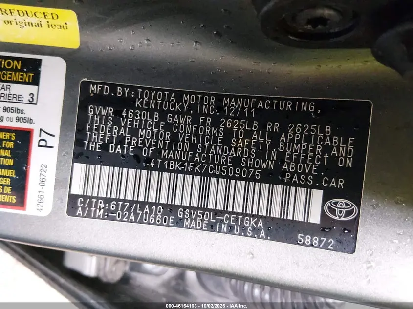 2012 TOYOTA CAMRY XLE V6