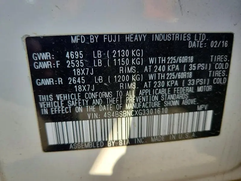 2016 SUBARU OUTBACK 2.5I LIMITED  