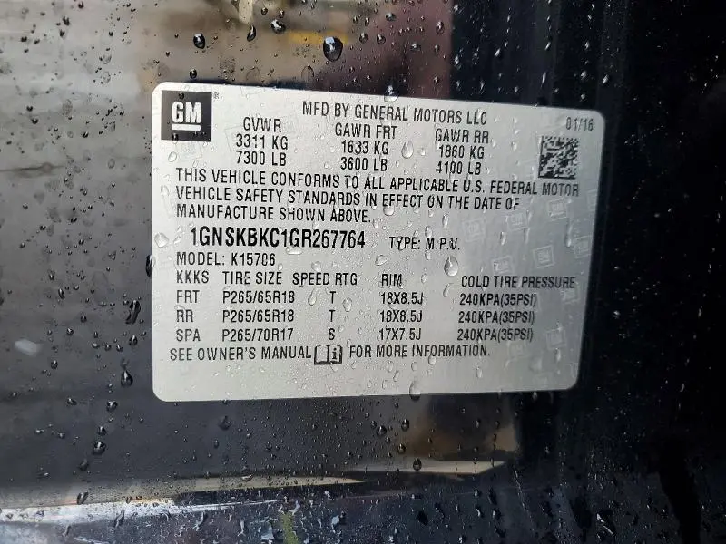 2016 CHEVROLET TAHOE K1500 LT  