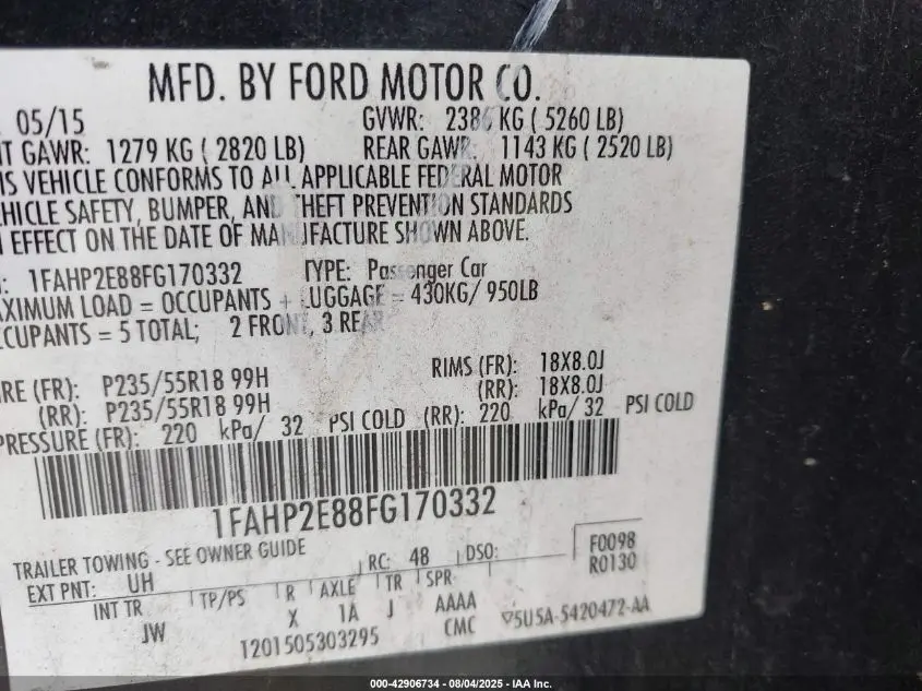 2015 FORD TAURUS SEL