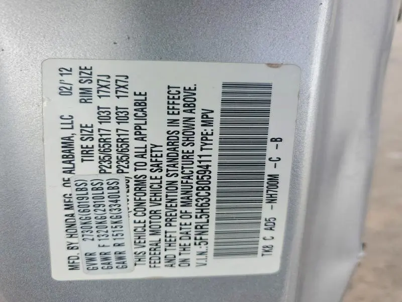 2012 HONDA ODYSSEY EXL  