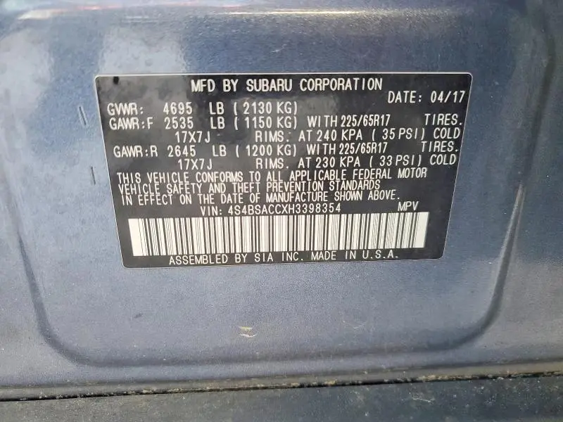 2017 SUBARU OUTBACK 2.5I PREMIUM  