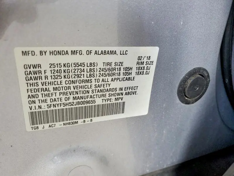 2018 HONDA PILOT EXL  